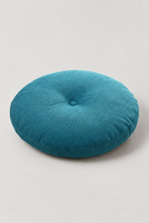 Plain Round Zabuton Cushion 'Marumuji' – turquoise plain round floor cushion with centre button, Japanese zabuton floor cushion, studio view