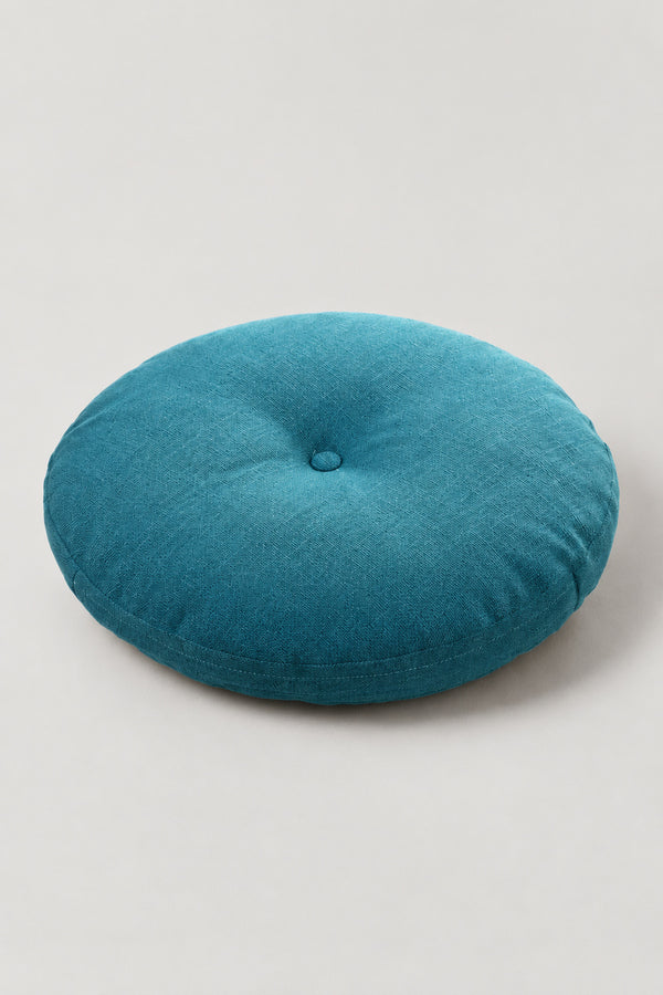 Plain Round Zabuton Cushion 'Marumuji' – turquoise plain round floor cushion with centre button, Japanese zabuton floor cushion, studio view