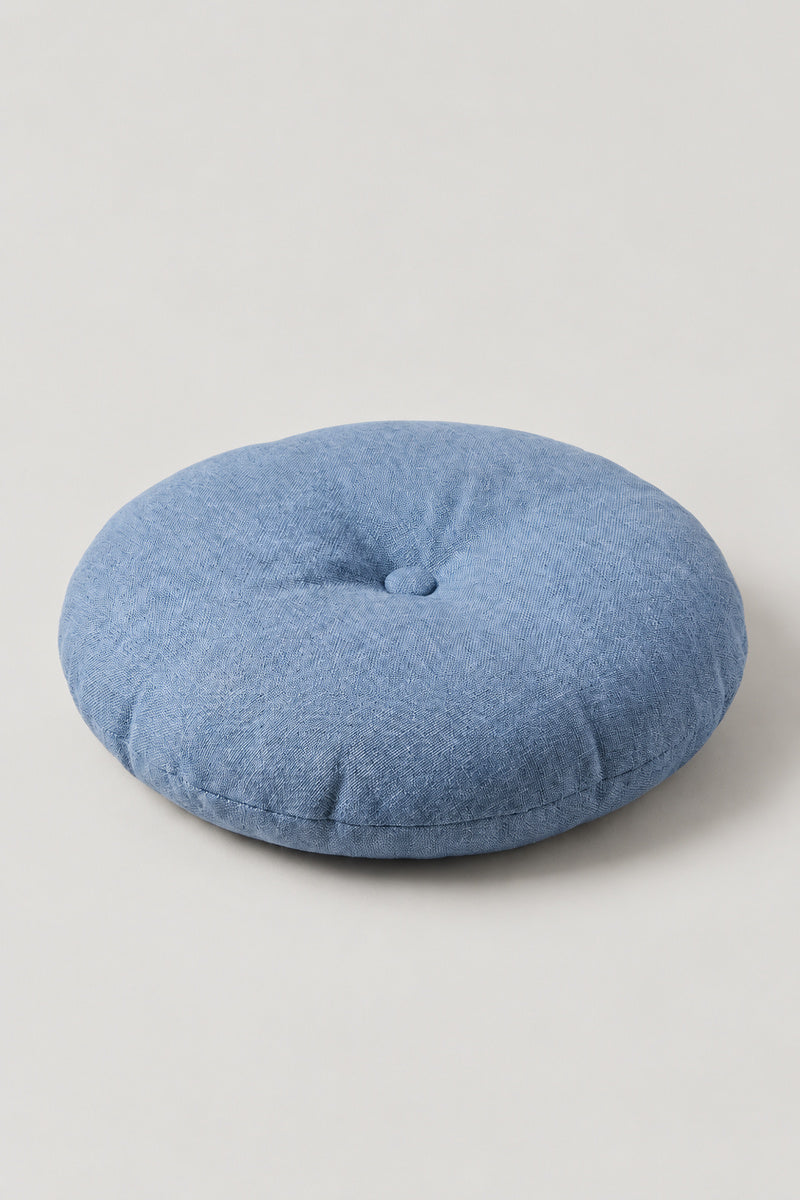 Plain Round Zabuton Cushion 'Marumuji' – navy plain round floor cushion with centre button, Japanese zabuton floor cushion, studio view