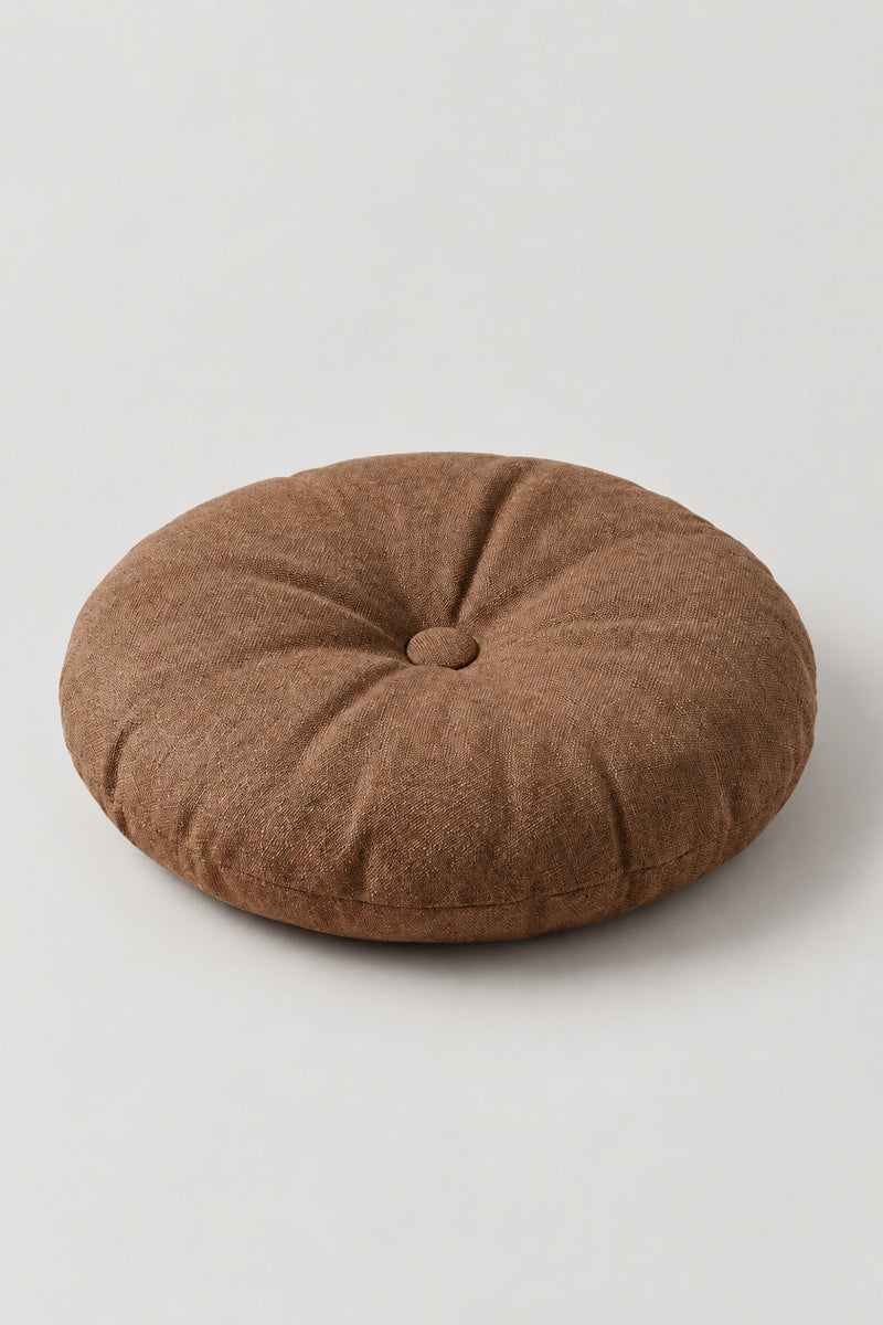 Plain Round Zabuton Cushion 'Marumuji' – brown plain round floor cushion with centre button, Japanese zabuton floor cushion, studio view