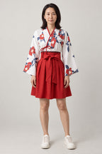 Pleated Kimono Mini Dress Set 'Wabisuke' – red skirt version of the camellia kimono top and pleated mini skirt set, front view on model