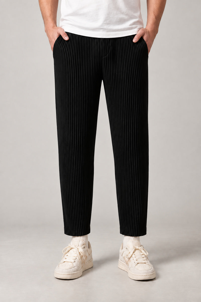 Pleated Straight Leg Trousers 'Hida' – black pleated straight leg trousers, front view on model