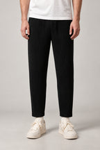 Pleated Straight Leg Trousers 'Hida' – black pinstripe pleated straight leg trousers, front view on model