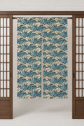 Powder Blue Wave Noren Curtain 'Awanami' – powder blue noren with small breaking waves in pale blues, split Japanese noren door curtain hung on a rod between sliding screens, studio view