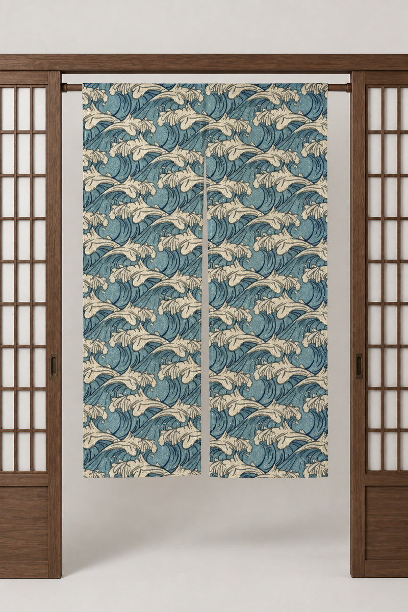 Powder Blue Wave Noren Curtain 'Awanami' – powder blue noren with small breaking waves in pale blues, split Japanese noren door curtain hung on a rod between sliding screens, studio view