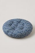 Printed Japanese Zabuton 'Garaza' – navy tufted round floor cushion with seigaiha wave print, Japanese zabuton floor cushion, studio view
