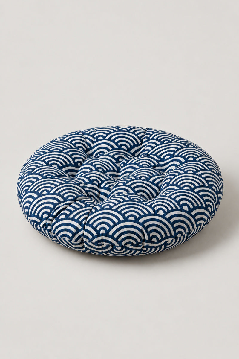 Printed Japanese Zabuton 'Garaza' – navy tufted round floor cushion with seigaiha wave print, Japanese zabuton floor cushion, studio view