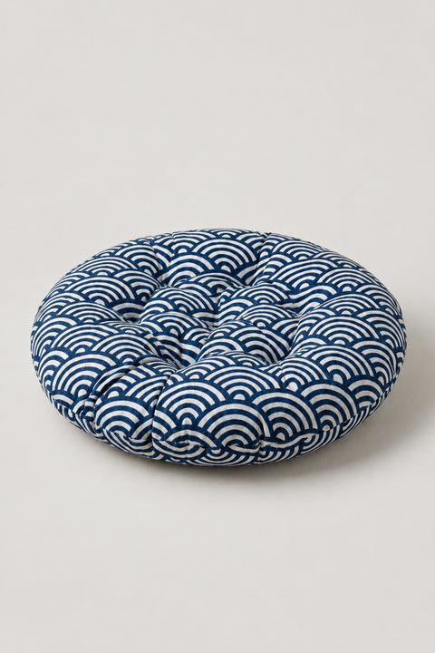Printed Japanese Zabuton 'Garaza' – navy tufted round floor cushion with seigaiha wave print, Japanese zabuton floor cushion, studio view