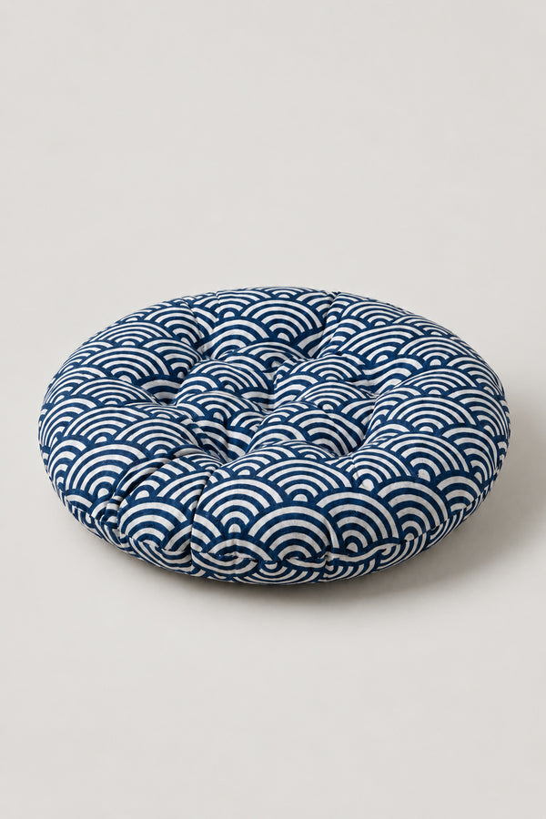Printed Japanese Zabuton 'Garaza' – navy tufted round floor cushion with seigaiha wave print, Japanese zabuton floor cushion, studio view