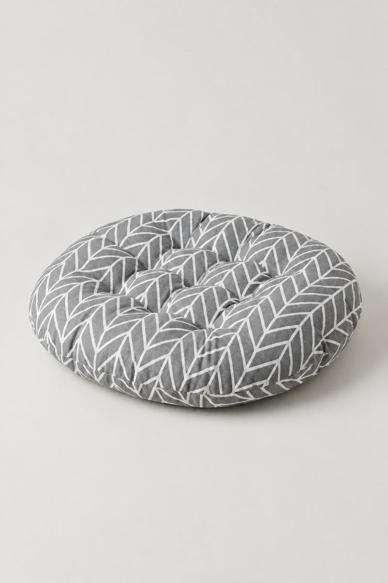 Printed Japanese Zabuton 'Garaza' – grey tufted round floor cushion with chevron print, Japanese zabuton floor cushion, studio view