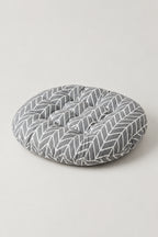 Printed Japanese Zabuton 'Garaza' – grey tufted round floor cushion with chevron print, Japanese zabuton floor cushion, studio view