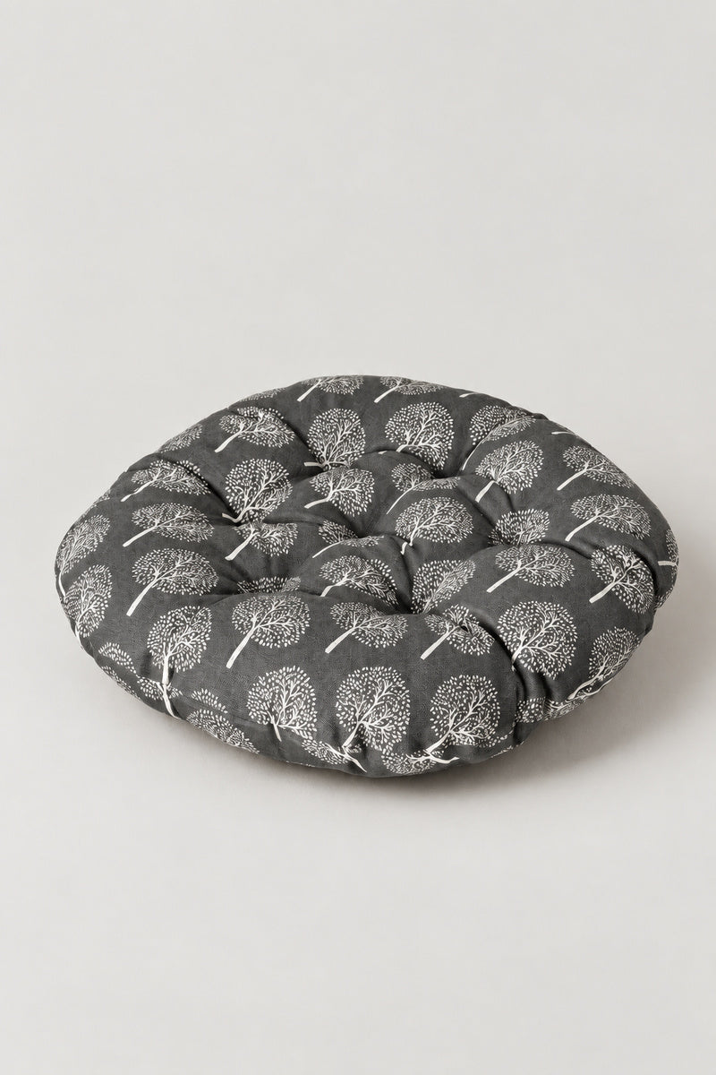 Printed Japanese Zabuton 'Garaza' – grey tufted round floor cushion with white marks print, Japanese zabuton floor cushion, studio view