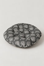 Printed Japanese Zabuton 'Garaza' – grey tufted round floor cushion with white marks print, Japanese zabuton floor cushion, studio view