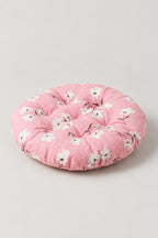 Printed Japanese Zabuton 'Garaza' – pink tufted round floor cushion with small cat faces print, Japanese zabuton floor cushion, studio view