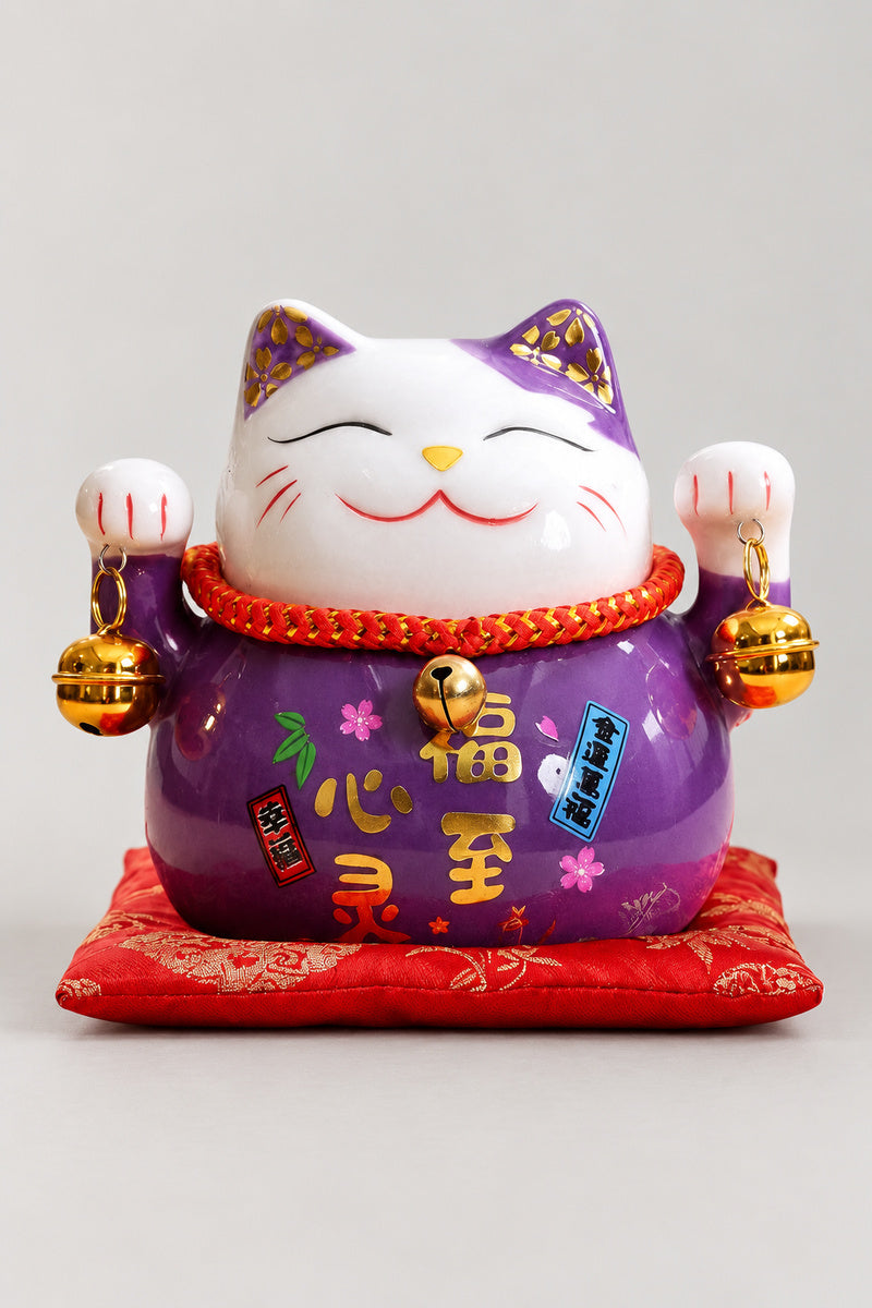 Purple Maneki Neko Money Box 'Fujineko' – purple ceramic lucky cat money box with both paws raised and gold brushed characters for fortune, Japanese maneki neko lucky cat figurine on a red brocade cushion, studio view