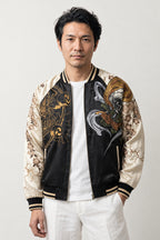 Raijin Thunder God Sukajan 'Raiko' – black and cream sukajan with embroidered Raijin thunder god and drums, Japanese sukajan souvenir bomber jacket, front view on model