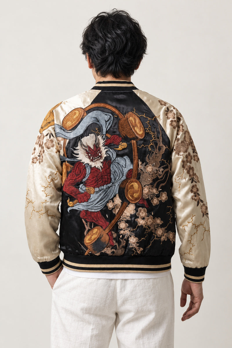 Raijin Thunder God Sukajan 'Raiko' – back view of the black and cream version, embroidered Raijin thunder god with drums on the back
