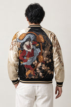 Raijin Thunder God Sukajan 'Raiko' – back view of the black and cream version, embroidered Raijin thunder god with drums on the back