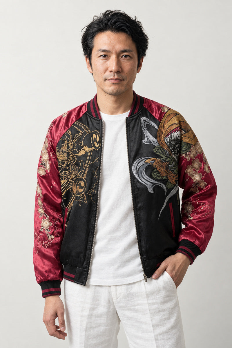 Raijin Thunder God Sukajan 'Raiko' – black and burgundy version, sukajan with embroidered thunder god, front view on model
