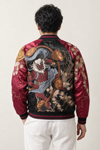 Raijin Thunder God Sukajan 'Raiko' – back view of the black and burgundy version, embroidered Raijin thunder god on the back