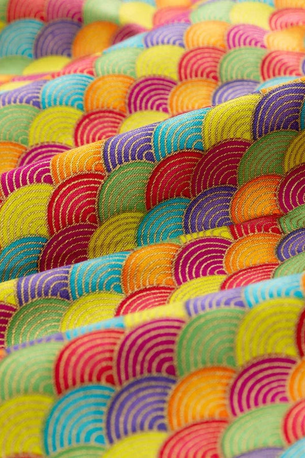 Rainbow Seigaiha Furoshiki Cloth 'Nijinami' – furoshiki printed with seigaiha wave pattern in rainbow colours outlined in gold, Japanese furoshiki wrapping cloth 50 by 145 cm, close-up of the print