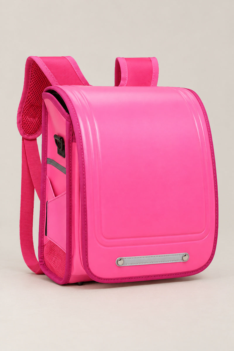 Randoseru – pink randoseru Japanese school backpack, front view, studio