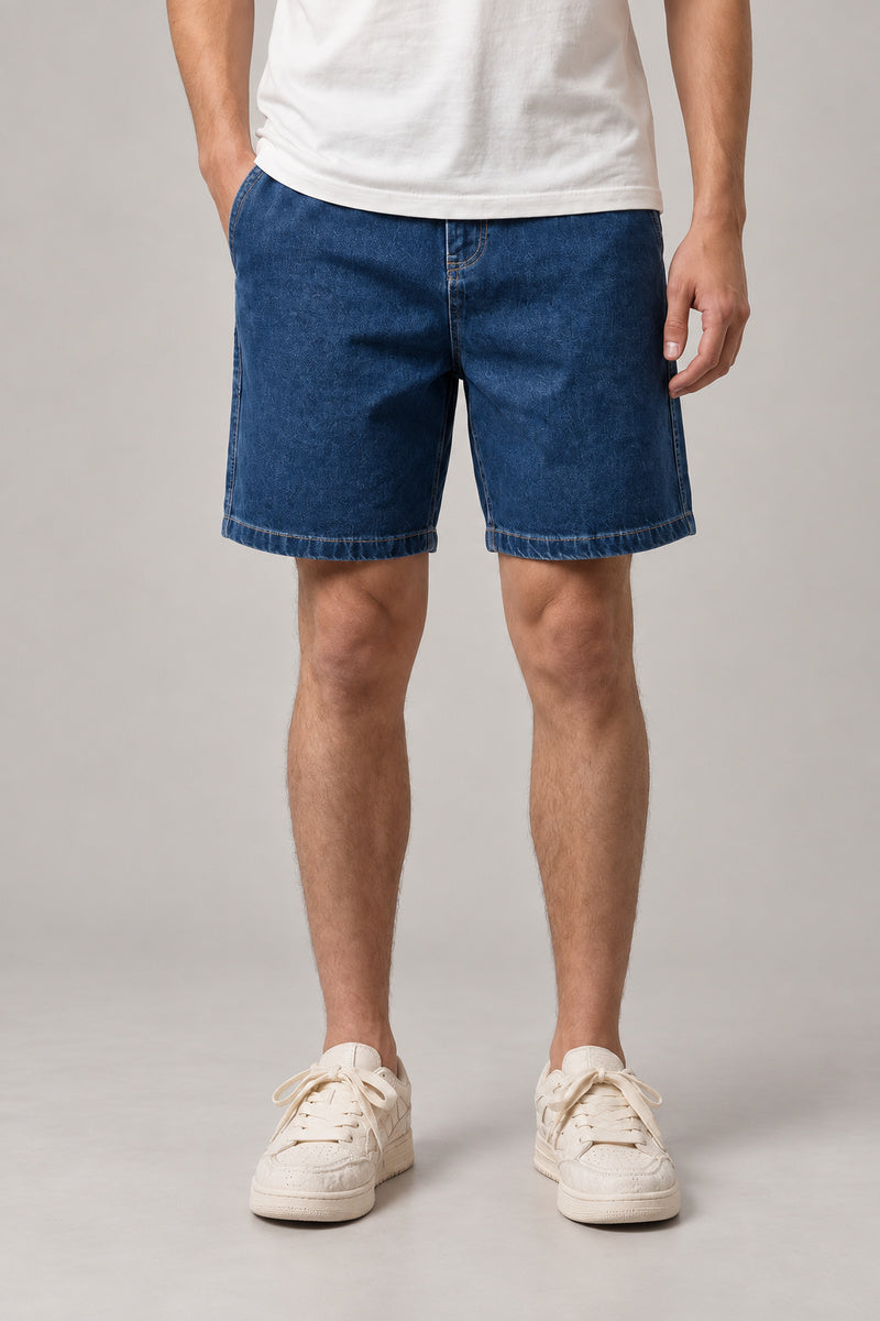 Raw Mid Blue Denim Shorts 'Kiji' – raw mid blue carpenter style denim shorts with patch pockets, Japanese streetwear shorts, front view on model