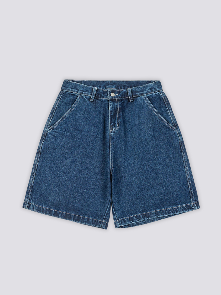 Raw Mid Blue Denim Shorts 'Kiji' – flat lay front view of the raw mid blue carpenter style denim shorts