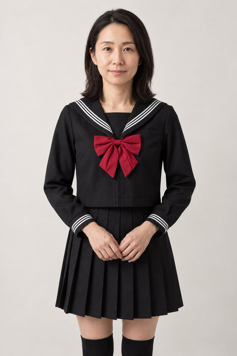 Red Bow Sailor Uniform Set 'Benimusubi' – black long sleeve sailor top with white trim, red bow and black pleated skirt, Japanese school uniform seifuku set, sailor top and pleated skirt, front view on model
