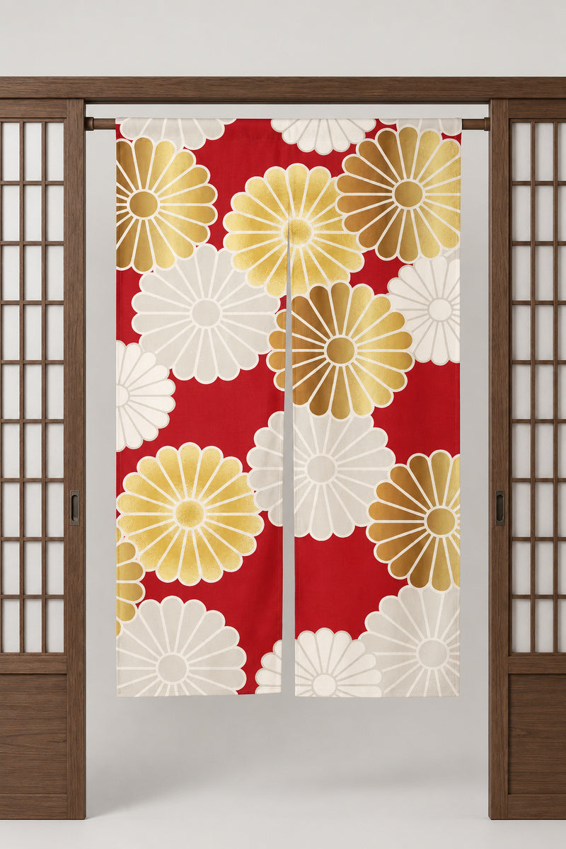Red Chrysanthemum Noren Curtain 'Kikumon' – red noren with large gold and cream chrysanthemums, split Japanese noren door curtain hung on a rod between sliding screens, studio view