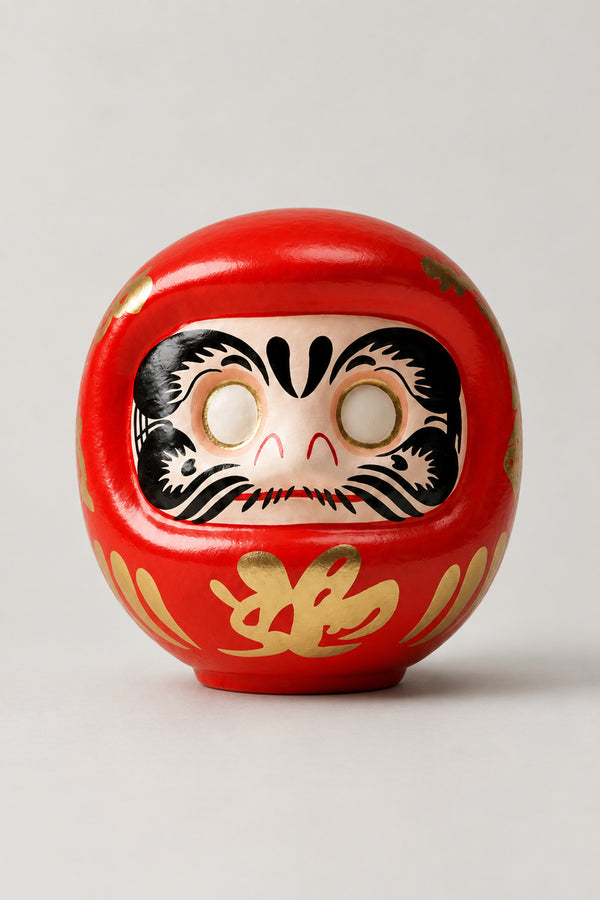 Red Daruma Doll 'Katsu' – red matte ceramic daruma doll with blank eyes to paint and a gold character on the belly, Japanese wishing doll, studio view