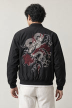 Red Dragon Japanese Bomber 'Sekiryu' – back view of black bomber jacket showing the embroidered dragon in white and red