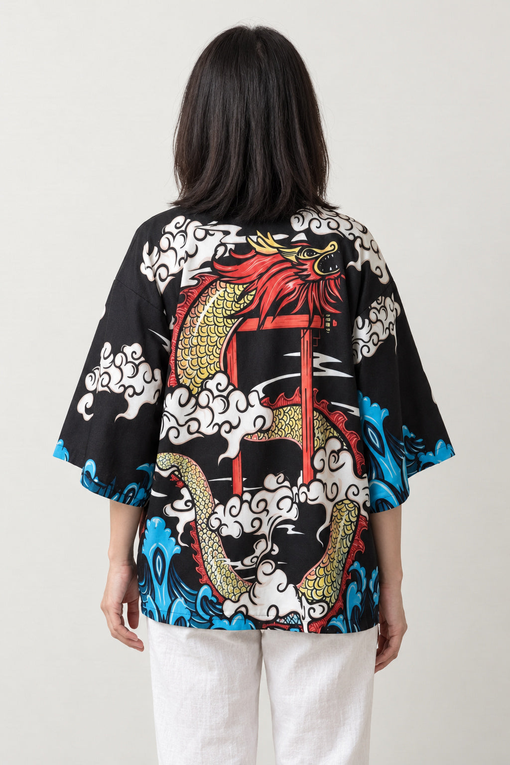 Red Dragon Kimono Cardigan 'Shinmon' – back view of black kimono cardigan showing the dragon coiled around a red torii gate