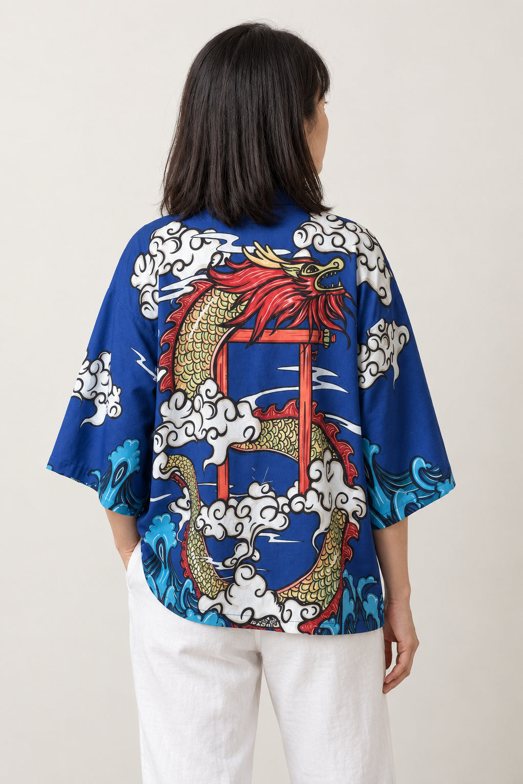 Red Dragon Kimono Cardigan 'Shinmon' – back view of blue kimono cardigan with dragon and torii gate print