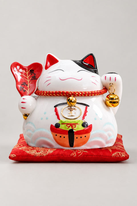 Red Fan Japanese Lucky Cat 'Fukusen' – calico ceramic lucky cat holding a red fan and gold mallet with a treasure ship on the body, Japanese maneki neko lucky cat figurine on a red brocade cushion, studio view