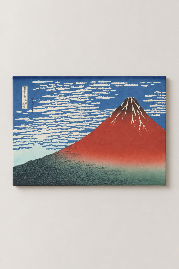 Red Fuji Hokusai Print 'Gaifu' – Fine Wind Clear Morning, the red Fuji under a sky of small clouds from Hokusai's Thirty-six Views of Mount Fuji, ukiyo-e canvas print on wooden frame, Japanese wall art, studio view