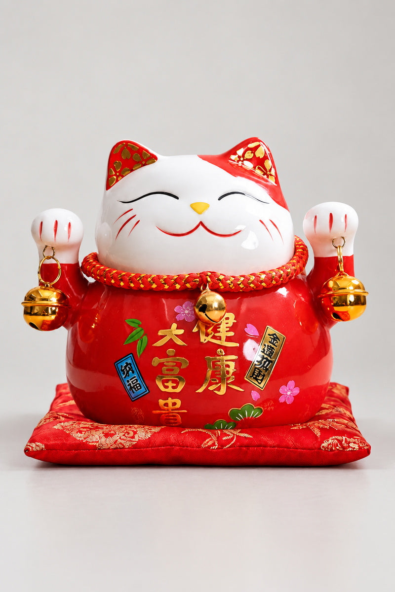 Red Maneki Neko 'Akaneko' – red ceramic lucky cat with both paws raised and a gold brushed wish for health and wealth, Japanese maneki neko lucky cat figurine on a red brocade cushion, studio view