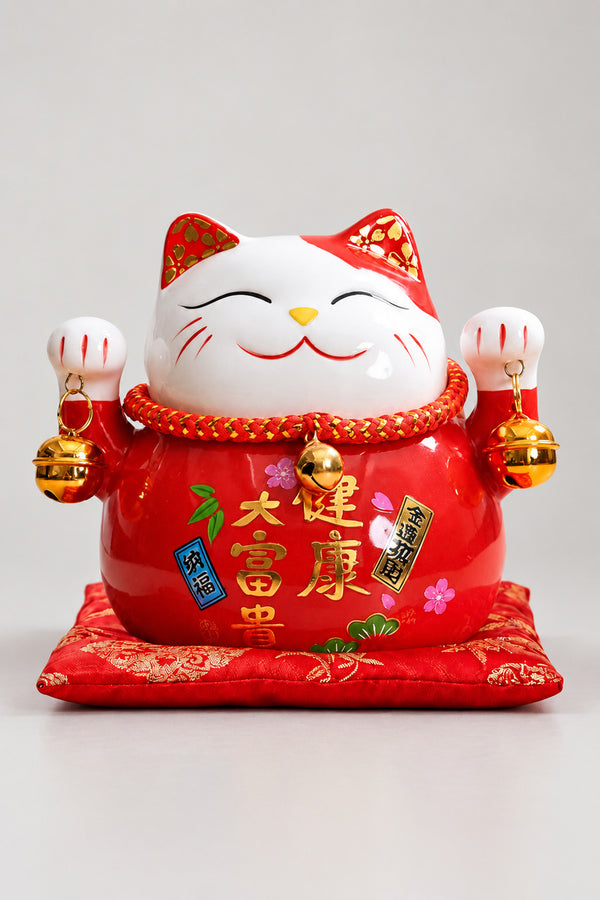 Red Maneki Neko 'Akaneko' – red ceramic lucky cat with both paws raised and a gold brushed wish for health and wealth, Japanese maneki neko lucky cat figurine on a red brocade cushion, studio view