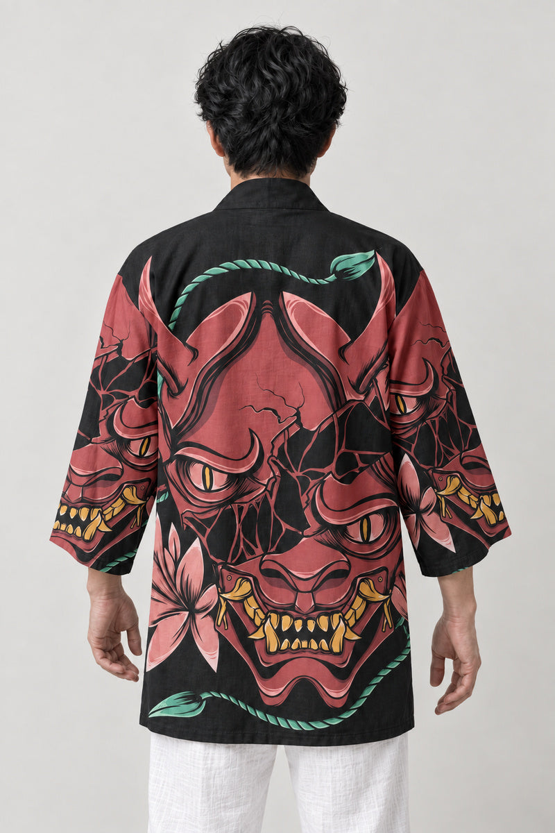 Red Oni Happi Jacket 'Shimenawa' – back view of black happi jacket showing the large red oni demon face print
