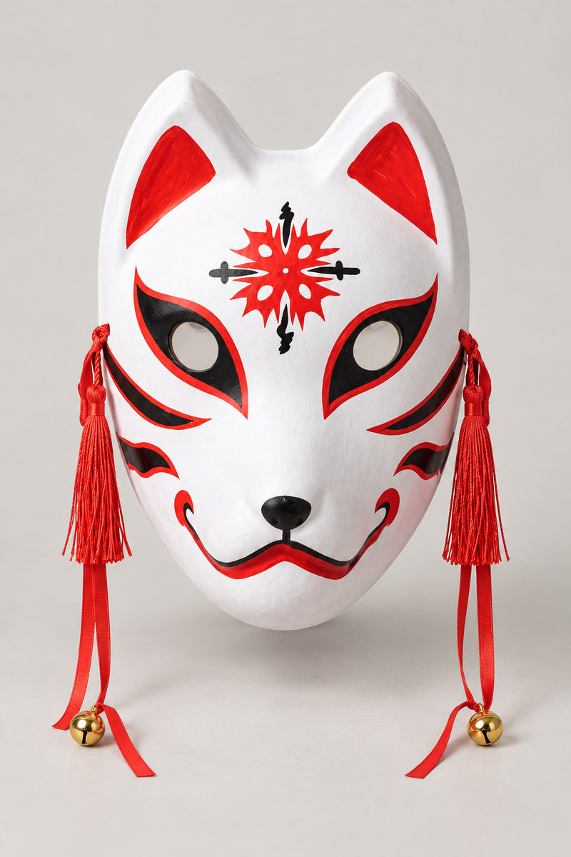 Red Tassel Kitsune Mask 'Fusagitsune' – white kitsune fox mask with red star crest, red eye sweeps, red tassels, ribbons and bells, Japanese kitsune festival mask, studio view