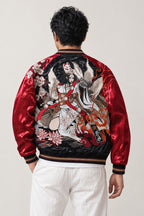 Red Torii Yokai Sukajan 'Hyakki' – back view of black and red sukajan showing the embroidered yokai parade and torii