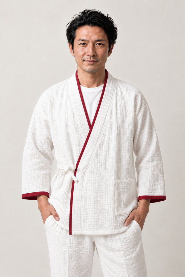 Red Trim Traditional Pajamas 'Beniheri' – white traditional jinbei pyjamas with red trim, unisex two-piece Japanese jinbei set with side-tie top and shorts, front view on model
