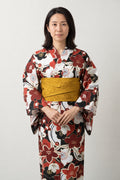 Retro Japanese Kimono 'Kanbai' – cream women's kimono with retro red and brown floral print and mustard obi belt, traditional Japanese yukata, front view on model