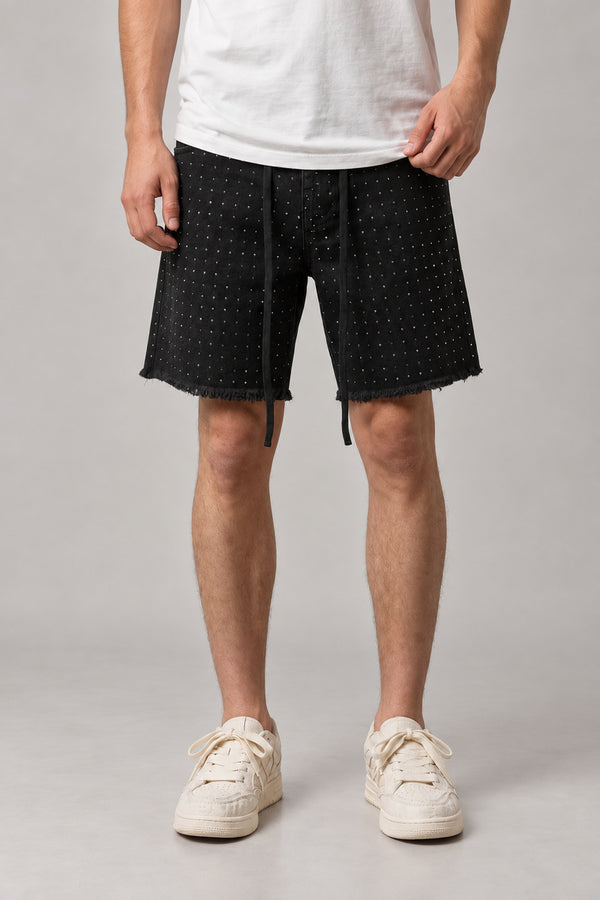 Rhinestone Black Denim Shorts 'Kirameki' – black denim shorts with all-over rhinestones, raw hem and drawstring, Japanese streetwear shorts, front view on model