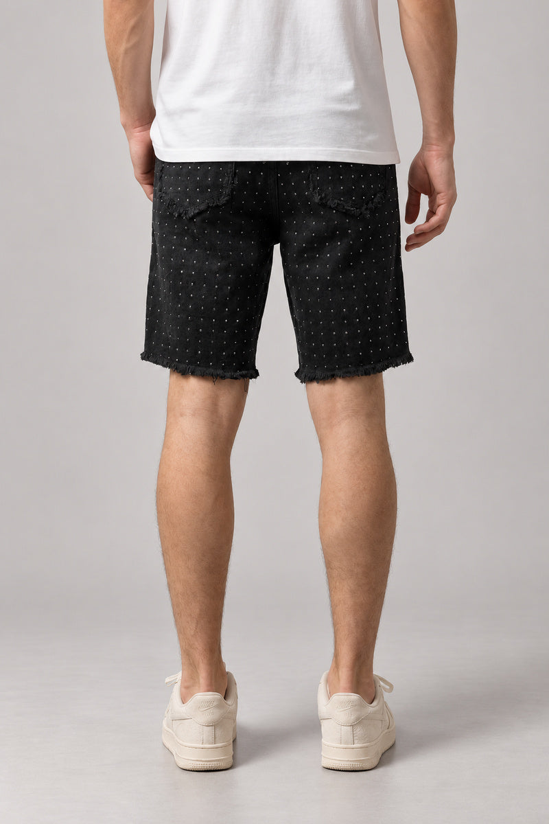Rhinestone Black Denim Shorts 'Kirameki' – back view of the black denim shorts, on model