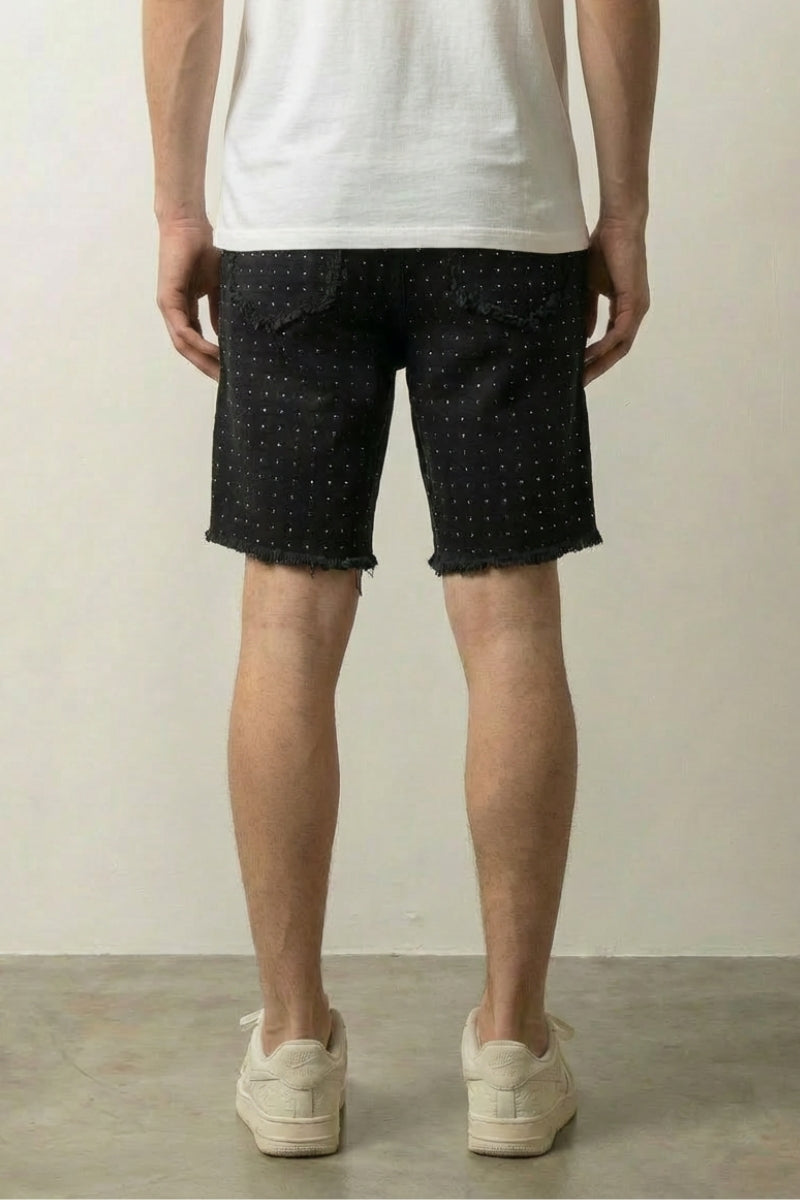 Rhinestone Black Denim Shorts 'Kirameki' – back view on model, studio