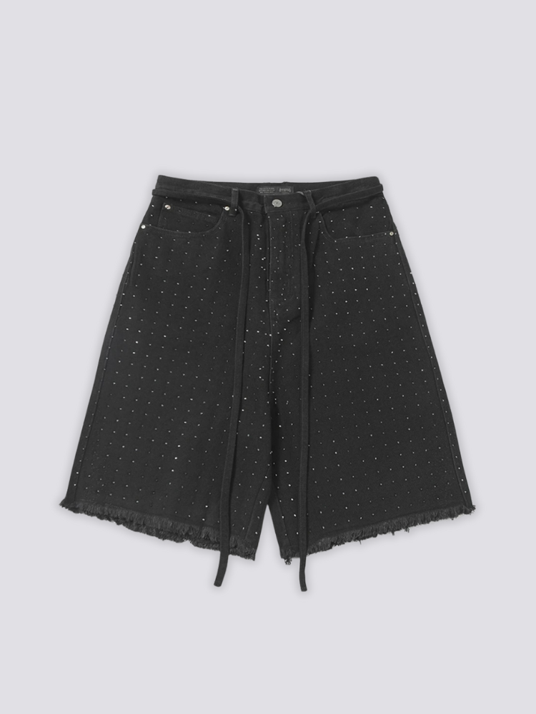 Rhinestone Black Denim Shorts 'Kirameki' – flat lay front view of the black denim shorts