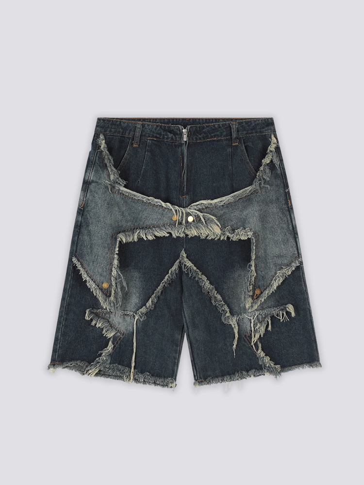 Ripped and Patched Denim Shorts 'Yabure' – flat lay front view of the dark blue ripped and patched denim shorts