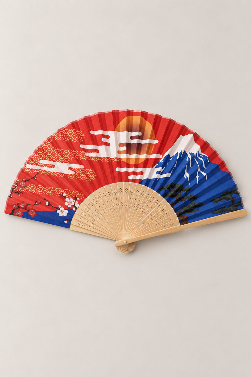 Rising Sun Japanese Hand Fan 'Hinomaru' – folding fan printed with red rising sun over blue Mount Fuji, waves and plum blossom, Japanese folding sensu fan with bamboo ribs, open, studio view