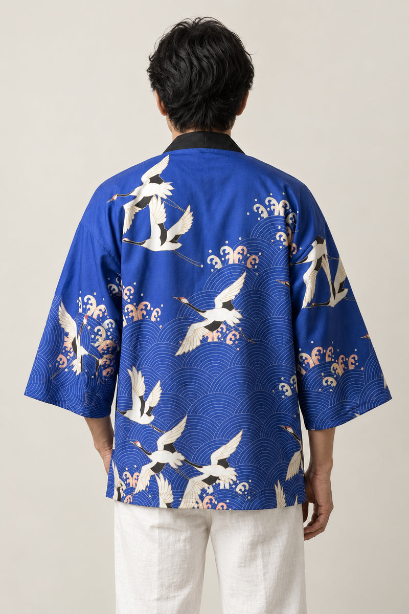 Royal Blue Crane Kimono Jacket 'Gunkaku' – back view of royal blue kimono jacket showing flying white cranes print